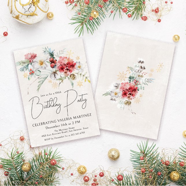 Winter Watercolor Flowers 100th Birthday Party Invitation (Need a matching welcome sign? Maybe napkins or paper plates. Something else? Message me!)
