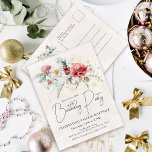 Winter Watercolor Flowers 40th Birthday Party Invitation Postcard<br><div class="desc">Red and white winter watercolor flowers are nestled in soft sage green leaves and foliage. Gold snowflakes add a festive touch. An elegant, simple and modern script gives it a open and airy vibe. There is also a winter floral boquet on the back, your return address and space for you...</div>
