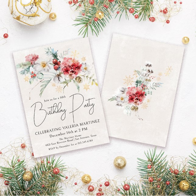 Winter Watercolor Flowers 60th Birthday Party Invitation (Need a matching welcome sign? Maybe napkins or paper plates. Something else? Message me!)