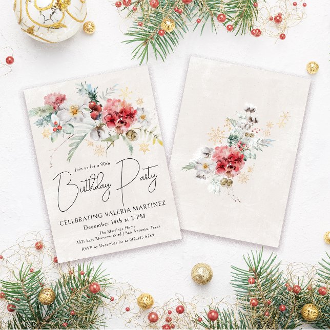 Winter Watercolor Flowers 90th Birthday Party Invitation (Need a matching welcome sign? Maybe napkins or paper plates. Something else? Message me!)