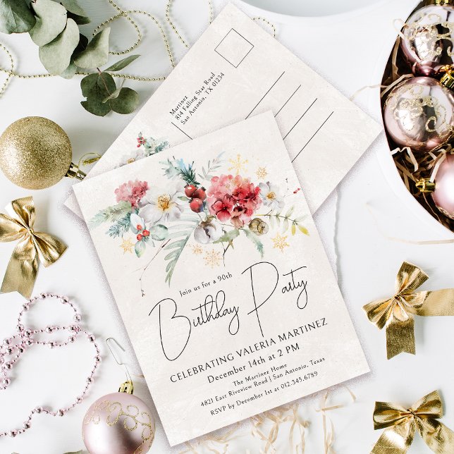 Winter Watercolor Flowers 90th Birthday Party Invitation Postcard (Need a matching welcome sign? Napkins or Paper Plates. Something else? Message me!)