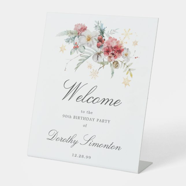 Winter Watercolor Flowers 90th Birthday Welcome Pedestal Sign (Front)