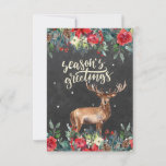 Winter Watercolor Flowers | Season's Greetings Card<br><div class="desc">Happy Holidays cream brushed typography script and a hand-painted watercolor reindeer against a dark grey charcoal chalkboard background with winter floral borders featuring red and white peony roses, poinsettia and seasonal foliage, pinecones and pine boughs making a rustic wonderland modern winter holidays / Christmas greeting card. Personalise it with your...</div>
