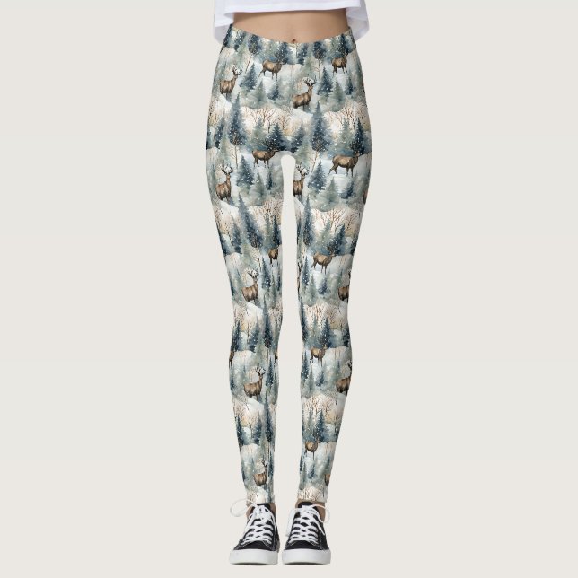 Winter Watercolor Forest Deer (1) Leggings (Front)