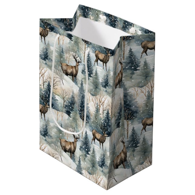 Winter Watercolor Forest Deer (1) Medium Gift Bag (Front Angled)