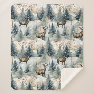 Winter Watercolor Forest Deer (1) Sherpa Blanket