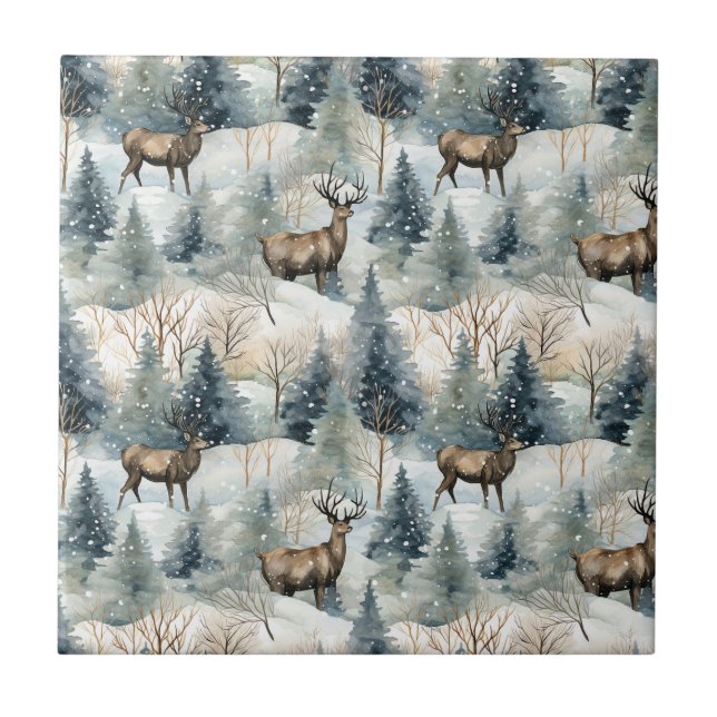 Winter Watercolor Forest Deer (1) Tile (Front)