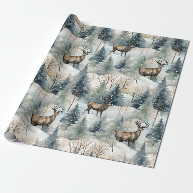 Winter Watercolor Forest Deer (1) Wrapping Paper (Unrolled)