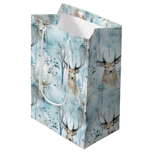 Winter Watercolor Forest Deer (2) Medium Gift Bag (Front Angled)