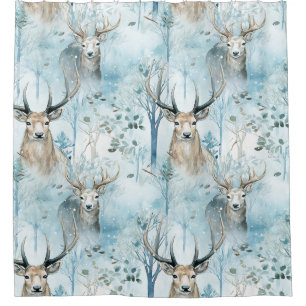 Winter Watercolor Forest Deer (2) Shower Curtain
