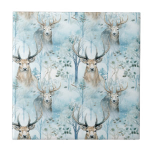 Winter Watercolor Forest Deer (2) Tile