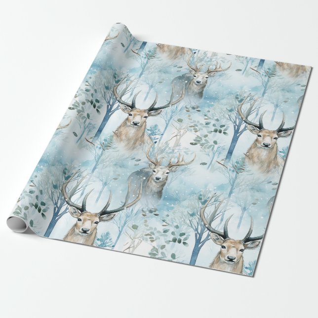 Winter Watercolor Forest Deer (2) Wrapping Paper (Unrolled)