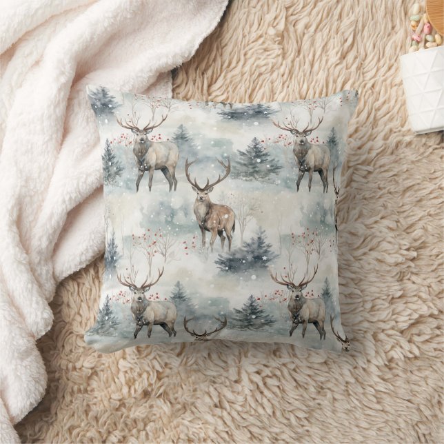 Winter Watercolor Forest Deer (4) Cushion (Blanket)