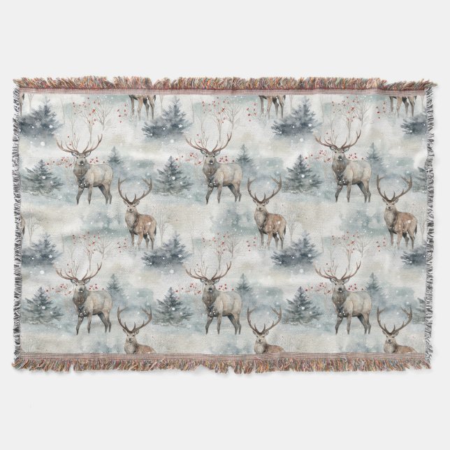 Winter Watercolor Forest Deer (4) Throw Blanket (Front)