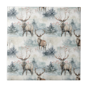 Winter Watercolor Forest Deer (4) Tile