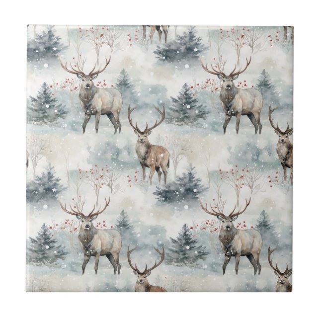 Winter Watercolor Forest Deer (4) Tile (Front)