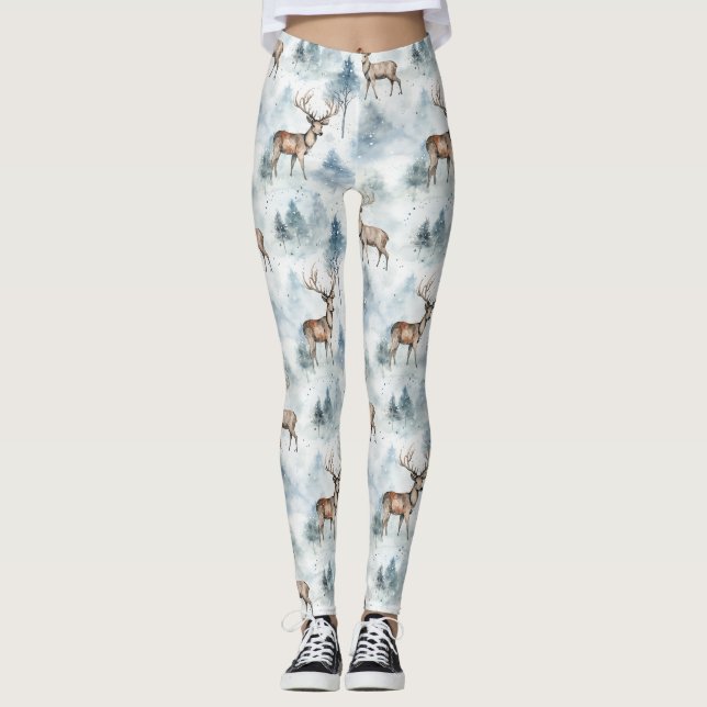 Winter Watercolor Forest Deer (5) Leggings (Front)