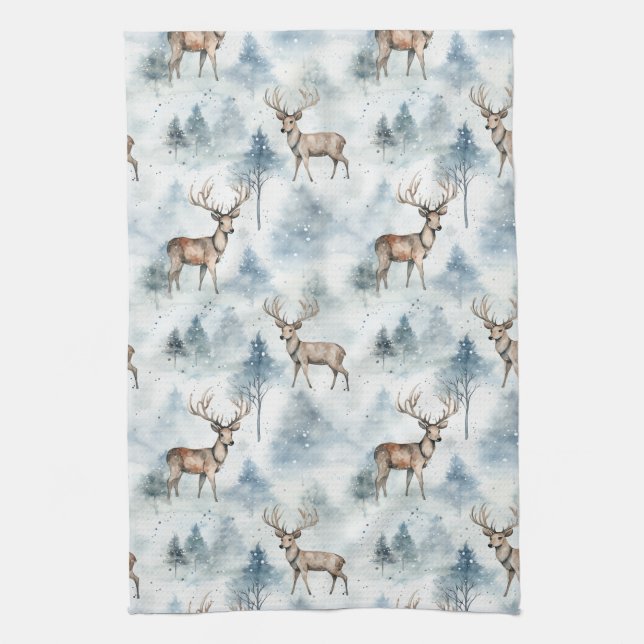 Winter Watercolor Forest Deer (5) Tea Towel (Vertical)