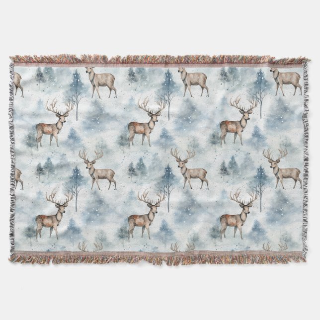 Winter Watercolor Forest Deer (5) Throw Blanket (Front)