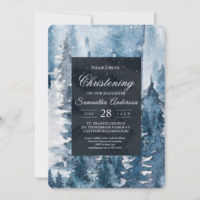 Winter Watercolor Forest & Navy Blue & White Invit Invitation (Front)
