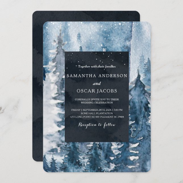 Winter Watercolor Forest & Navy Blue & White Invit Invitation (Front/Back)
