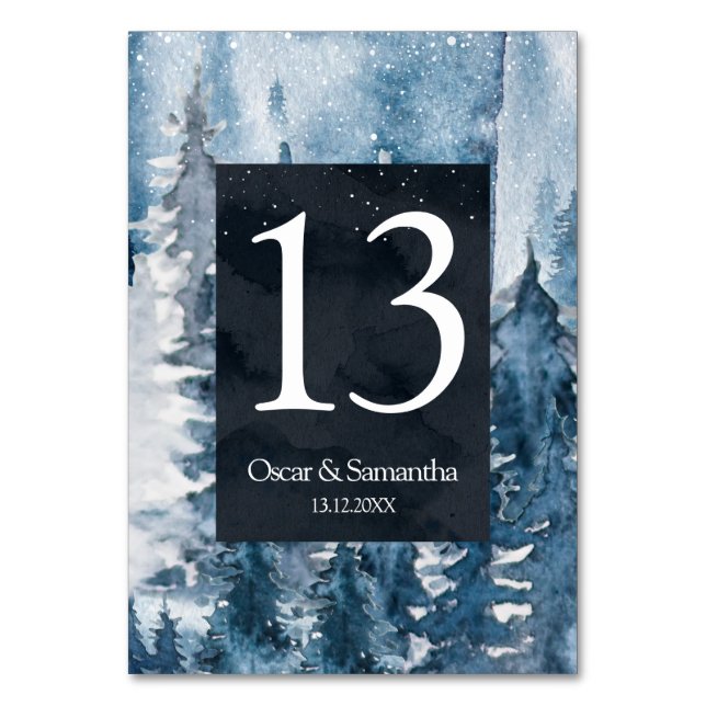 Winter Watercolor Forest & Navy Blue & White Table Number (Front)