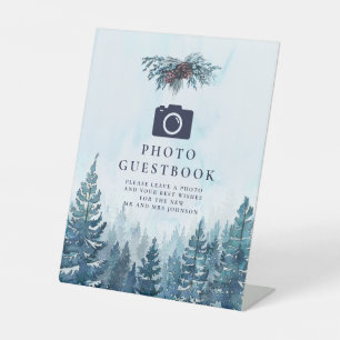 Winter Watercolor Forest Photo Guest Book Wedding Pedestal Sign