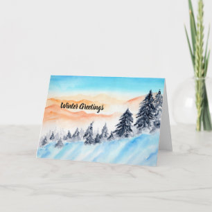 Winter watercolor greeting card with mountains