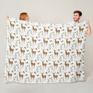 Winter Watercolor Hand Drawn Deer Rabbits Birds Fleece Blanket