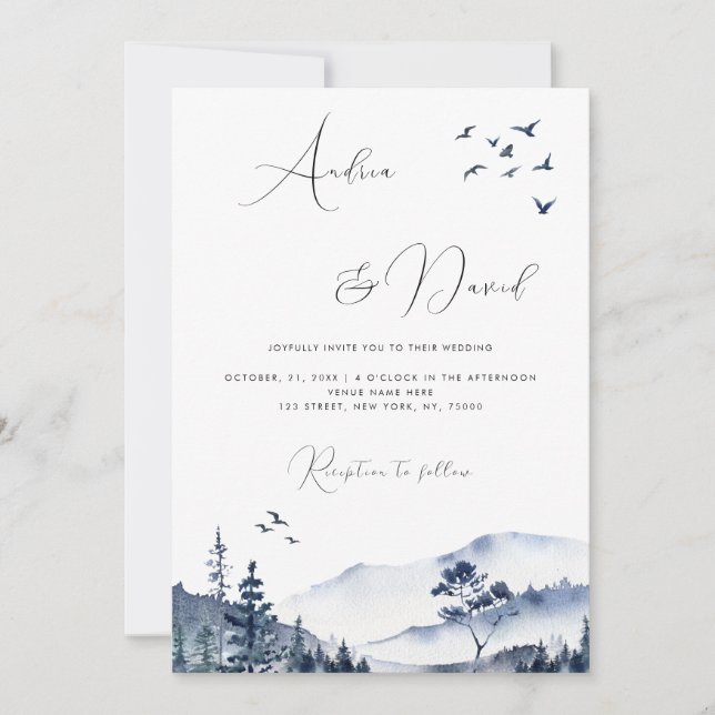 Winter Watercolor Hills Mountains QR Code Wedding Invitation (Front)