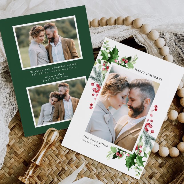 Winter Watercolor Holly Berries & Greenery 3 Photo Holiday Card (Creator Uploaded)