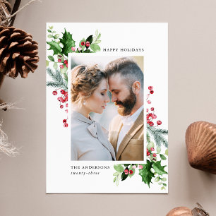 Winter Watercolor Holly Berries & Greenery Photo Holiday Card