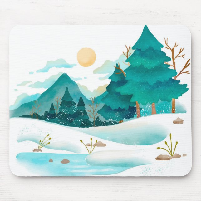 Winter Watercolor Landscape Mouse Pad (Front)