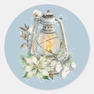 Winter Watercolor Lantern Snow Christmas Blue Classic Round Sticker