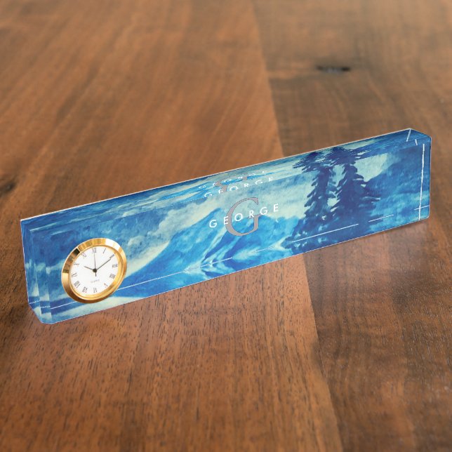 Winter Watercolor Mountains Landscape Monogram Nameplate (Side)