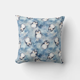 Winter Watercolor Penguin and Snowflakes  Cushion