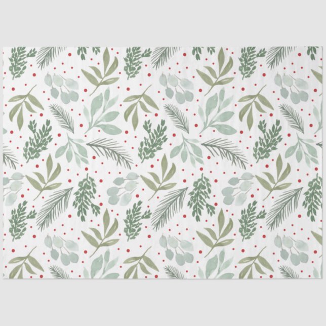 Winter Watercolor Pine Berry Holiday Garland Green Tissue Paper (Front)