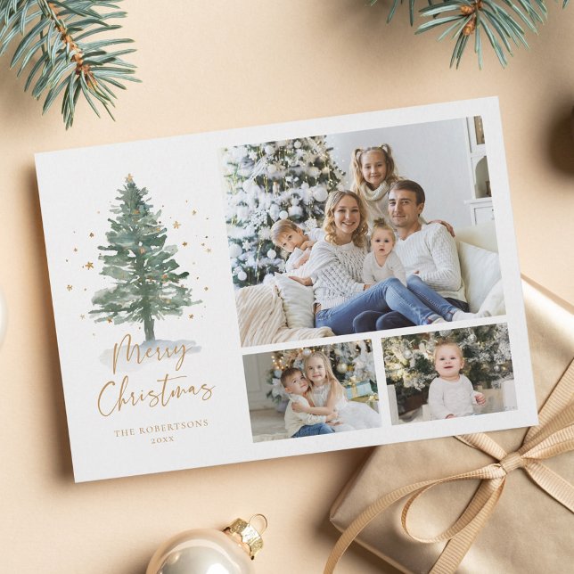 Winter Watercolor Pine Christmas 3 Photo Holiday Card (Creator Uploaded)