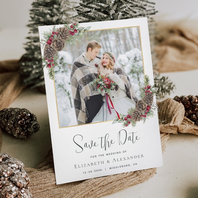 Winter Watercolor Pine Christmas Wedding Photo Save The Date (Creator Uploaded)