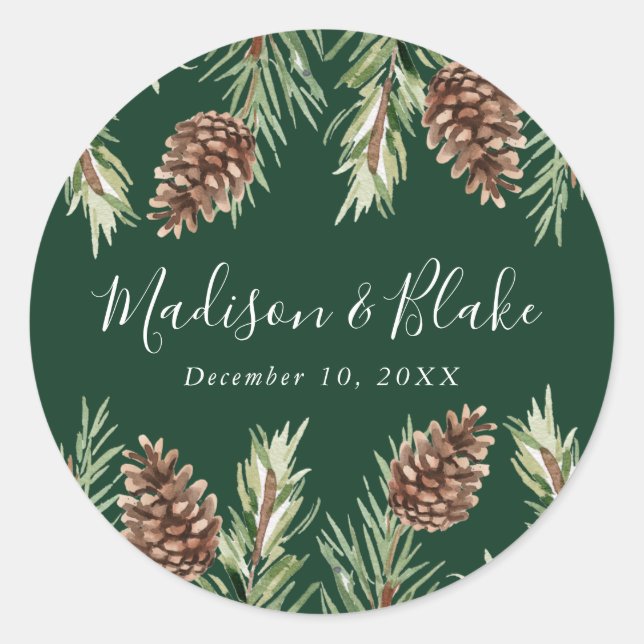 Winter Watercolor Pine Cone Green Wedding Classic Round Sticker (Front)