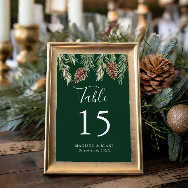 Winter Watercolor Pine Cone Green Wedding Table Number (Creator Uploaded)