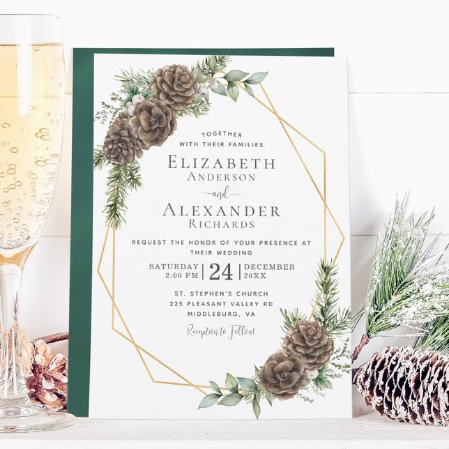 Winter Watercolor Pine Cone Greenery Wedding Invitation (Creator Uploaded)