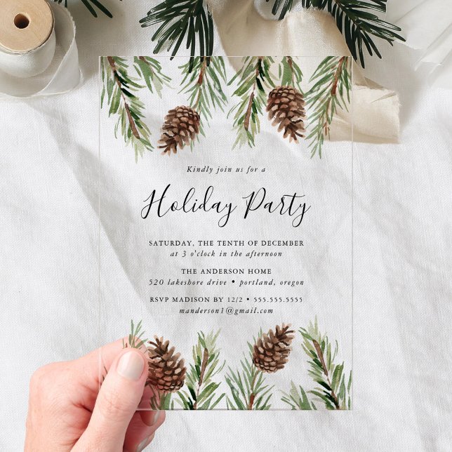 Winter Watercolor Pine Cone Holiday Party Acrylic Invitations (Creator Uploaded)