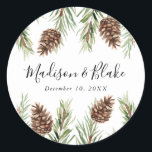 Winter Watercolor Pine Cone Wedding Classic Round Sticker<br><div class="desc">Add a personalised touch to your wedding favour bags with our Winter Watercolor Pine Cone wedding stickers. The personalised wedding stickers feature your names and wedding date with a top and bottom border of brown watercolor pine cones and green pine branches. Designed to coordinate with our Winter Watercolor Pinecone wedding...</div>