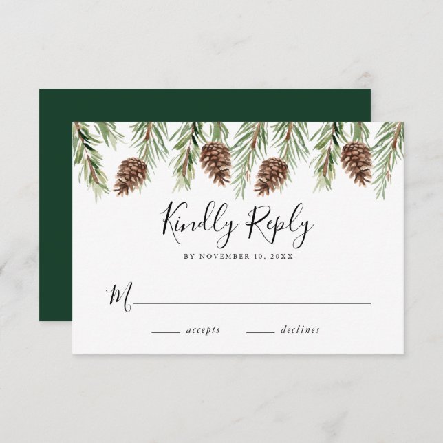 Winter Watercolor Pine Cone Wedding RSVP Enclosure Card (Front/Back)