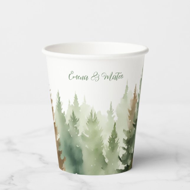 Winter Watercolor Pine trees Forest Wedding  Paper Cups (Back)