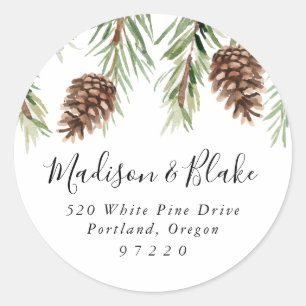 Winter Watercolor Pinecone Return Address Classic Round Sticker