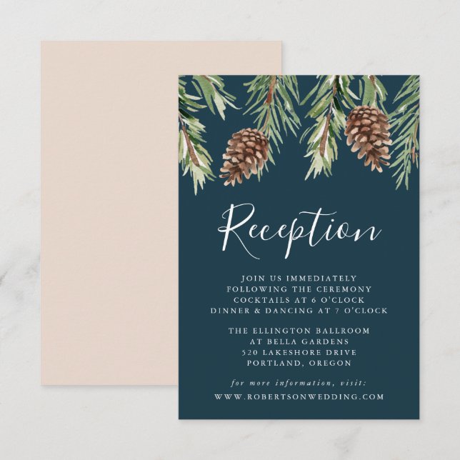 Winter Watercolor Pinecone Wedding Reception Enclosure Card (Front/Back)