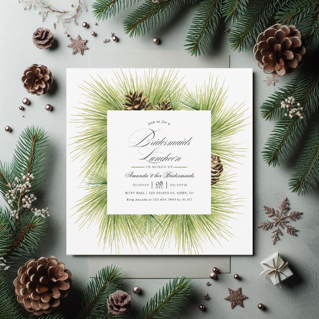 Winter Watercolor Pines Bridesmaids Luncheon Invitation (Winter Watercolor Pines Bridesmaids Luncheon Invitation)