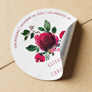 Winter watercolor red peonies bouquet wedding classic round sticker